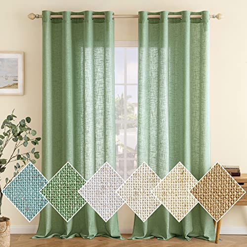EMEMA Gardinen Vorhänge Leinenvorhang mit Ösen Voile Vorhang Leinenoptik Modern Halbtransparent für Wohnzimmer Dekoschal Kinderzimmer Schlaufenschal Küchengardinen 2er Set 140x245cm (BxH) Grün