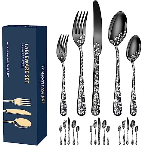 Set di Posate, Aoresac Posate Acciaio Inox da 20 pezzi per 4 Persone, Ideali per La Casa, Il Ristorante, Festa e Come Regalo, Lavabili in Lavastoviglie e Antiruggine (Nero)