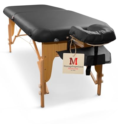 MASSUNDA - Lettino massaggio mobile Comfort Deluxe regolabile in altezza - tavolino massaggio EXTRA largo legno massiccio - panchina con poggiatesta ergonomico, copertura, bracciolo, cuscino (nero)