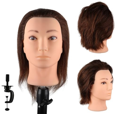 DaizySight Testa per Parrucchieri Uomo Capelli Veri 100%, Testina Studio Parrucchiere Manichino, Testa Formazione Acconciaturel Cosmetologia Pratica Modello Taglio di Capelli Maschile (Marrone, 35cm)
