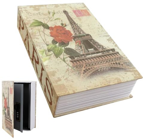 DAJASD Coffre-fort en forme de livre avec serrure à combinaison, 24 x 15,5 x 5,5 cm, coffre-fort pour l'argent, les bijoux, les objets précieux, le bureau/la maison - Tour Eiffel
