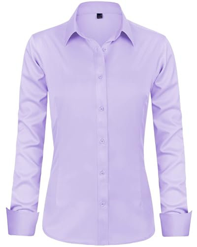 J.VER Blusen Regular Fit Klassische Bügelleicht Hemdbluse Langarm Damen Lässig Stretch für Hochzeitsgäste Service und College,Lila,M