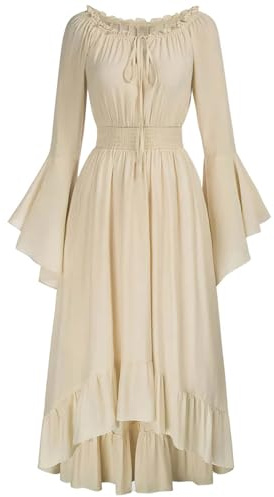 Women’s Medieval Maxi Dress Off Shoulder Bell Long Sleeve High-Low Hem Medival Dress Elastic Waist A-Line Dresses Renaissance Corset Dress Elegant Retro Victorian Gothic Dress Sale Clearance Beige