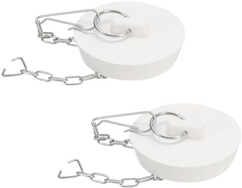QUARKZMAN 2Pcs Bouchons de Baignoire en Caoutchouc 53-55mm pour Évier de Cuisine, Bouchon de Vidange de Salle de Bain avec Anneau de Traction et Chaîne en Acier Inoxydable, Blanc