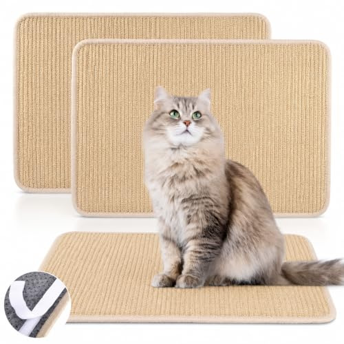 Pumtus 2 Pack Cat Scratcher Mats, 60 x 40 cm Sisal Cats Scratch pad with Adhesive Tape, Horizontal Cat Floor Mat for Indoor cats, kitten Scratching Pad Rug, Furniture Protector for Sofa Carpet Wall