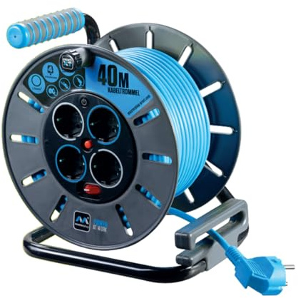 MASTERPLUG Masterplug ProXT Kabeltrommel 4-fach 40m | Leicht und stabil | gut sichtbares Kabel | mit LED Betriebsanzeige und Thermoschutz (blau)