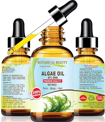Botanical Beauty ALGAE OIL Omega 3 Oil 40% DHA, 100% Natural for FACE, SKIN, BODY, HAIR, NAILS 2 Fl.oz.- 60 ml Skin Moisturizer Oil, Skin Nourishing Oil