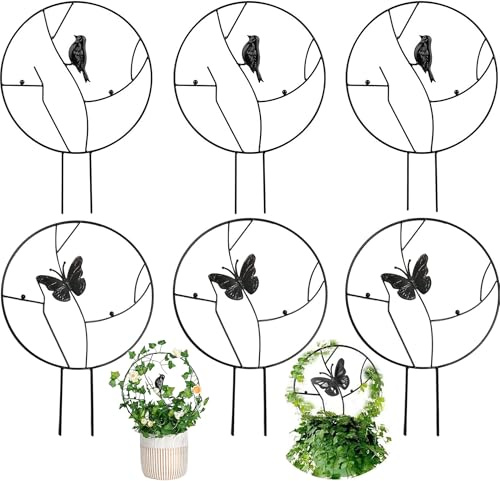 BEOIUCZZY 6 piezas de celosía para plantas, soportes de hierro negro con diseño de mariposa y pájaro, para interior y exterior