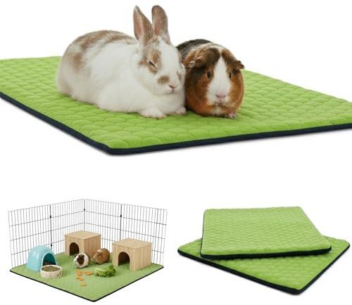 NEO SOLVO Set med 2 burfoder i fleece för marsvin och kaniner | 70 x 35 cm - Grön - Absorberande och vattentät - Tvättbar - Bur och lekhage samt C&C 2x1