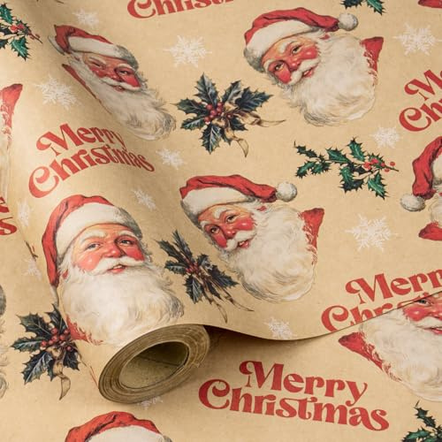 RUSPEPA Rollo De Papel De Regalo Navideño, Diseño Vintage De Papá Noel Y Feliz Con Acebo Y Copo De Nieve, Papel De Regalo Kraft Para Niños, Fiestas Y Fiestas. 43,2Cm X 5M