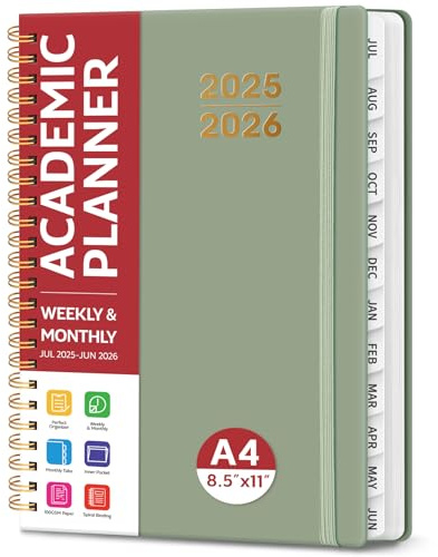 Academic Planner 2025-2026 For Women & Men, Monthly and Weekly Calendar Planner, Jul 2025 - Jun 2026, A4 (8.5 x 11), Teacher Student Planning Book with Tabs, Ideal for Office School Supplies, Green