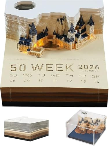 Blocco note 3D, calendario 2026, con LED e portapenne, calendario 3D, blocco note 3D, calendario settimanale Magic Castle, calendario da tavolo, decorazione da scrivania (blocco LED 2026)