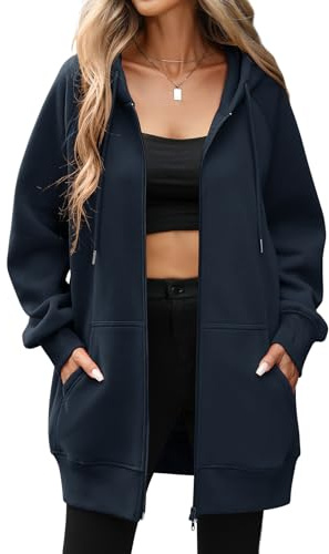 Vancavoo Felpa Donna con Zip e Cappuccio Giacca Primaverile Cotone Cappotto Invernale Manica Lunga Cardigan Autunno Invernali Sweatshirt Eleganti Pullover Hoodie Outwear,Blu Navy,XL