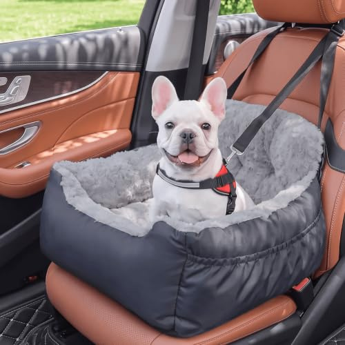 Oiilores Dog Car Seat for Small Dogs, Washable Pet Booster Seats with Clip-On Safety Leash, Comfy Deluxe Plush Carseat with Storage Pockets, Puppy Car Travel Carrier Bed for Dogs Under 25 lbs, Grey