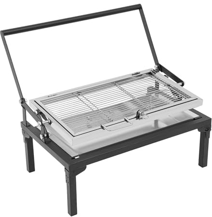 Vikbar kolgrill, bärbar campinggrill av rostfritt stål och kolstål, BBQ grill med 360° vridbar grillgaller, liten picknickgrill för utomhus, trädgård, fest (68 x 38 x 35 cm)