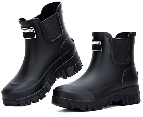 FOGOIN Wellies Boots Women Wellington Ankle Chelsea Waterproof Wide Anti Slip Rain Boots Outdoors Garden Walking