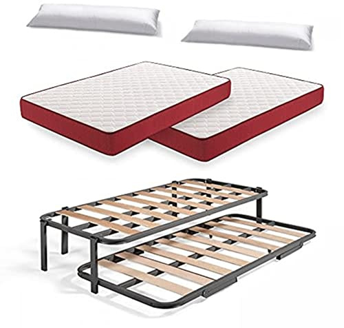 HOGAR24 ES Cama Nido Metálica Reforzada con 6 Patas + 2 Colchones Viscoelásticos Viscoplus 15 + 2 Almohadas de Fibra Tacto Pluma, 80x190 cm