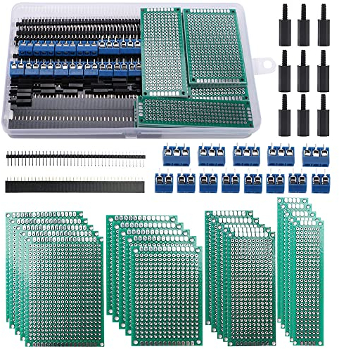 VooGenzek 75 Stück-Leiterplatten-Kits + 20 Stück Doppelseitige Leiterplatten Prototypkarten+ 20 Stück Stecker / Buchse Header Connector + 15 Stück 2/3Pin Schraubklemme + 20 Stück Nylonsäule