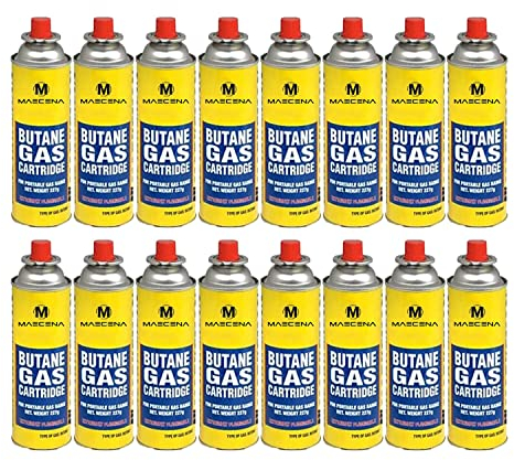 MAECENA Butane Gas Canisters (Pack of 16) – Portable Butane Gas Bottles for Camping Stoves, BBQs, Heaters & Outdoor Cooking