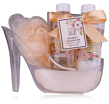 Accentra Set doccia da donna Honey Jasmine in una bella pompa, set da 3 pezzi con gel doccia, lozione per il corpo e spugna da bagno, ideale come regalo per compleanno, San Valentino