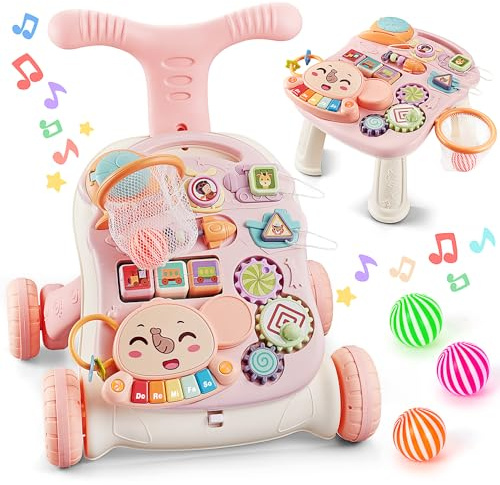 TOY Life 3 in 1 Baby Push Walker and Activity Center for Girl, Sit to Stand Walker for Babies 6-12 Months, Walking Toys with Music Panel for Infants and Toddlers Learning to Walk Pink