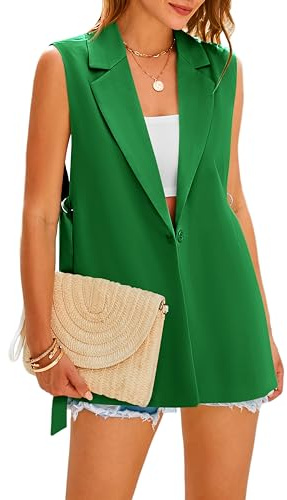 MASCOMODA Sleeveless Blazer Jackets for Women 2025 Summer V Neck Button Open Front Business Casual Office Long Waistcoat Vest(Green,Medium)