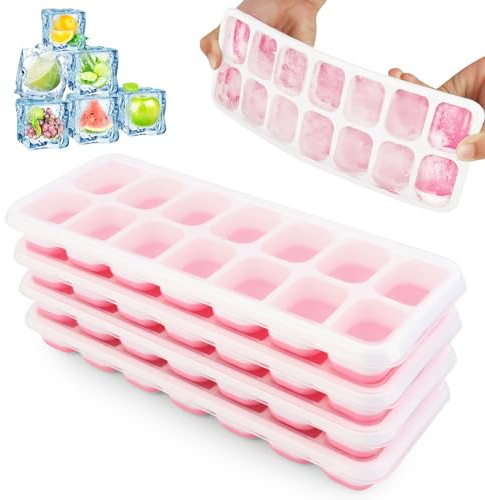 4 Piezas Cubiteras para Hielo con Tapa, Moldes de Cubitos Hielo, Moldes de Cubitos de Hielo con Tapa a Prueba Polvo, Reutilizable, para Bebés, Agua, Whisky, Cola, Cócteles (Rosa)