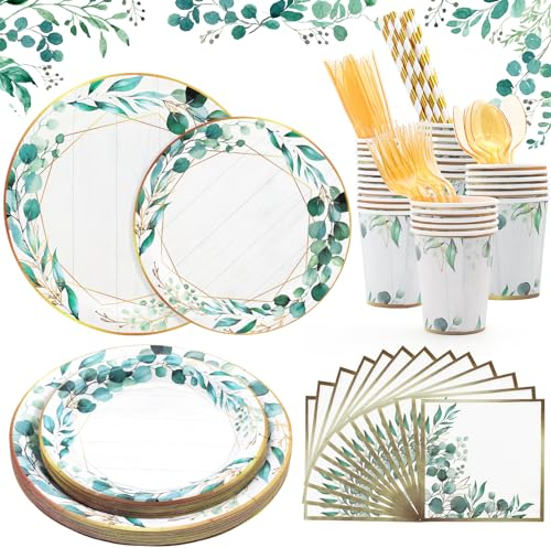 192 Stück Pappteller Grün Party Geschirrset, Einweg Salbeigrün Pappteller Becher Servietten Tisch Deko für Hochzeit, Babyshower, Dschungel Party, Geburtstagsdeko (24 Gäste)