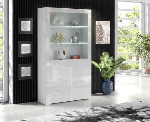 Furneo Clifton 20 – White Display Cabinet, Modern 2-Door Cupboard, High Gloss & Matt Finish, White LED Lights
