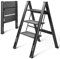 TECKNET Aluminium 3 Step Ladder with Wide Tread, Lightweight Folding Ladder, Anti-Rust Portable Step Stool, Sturdy Anti-Slip Stepladder for Household, Office, Painting, Decorating, Electricians, Black