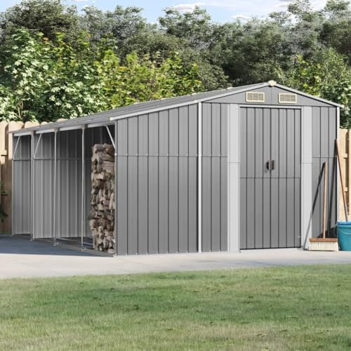 SECOLI Gerätehaus Mit Bodenplatte, Pultdach, Gartenhaus XXL, Geräteschuppen Outdoor, Geräteschrank, Gartenschrank, Verzinkter Stahl-Grau-277 x 365.5 x 179 cm
