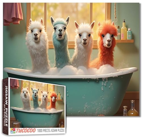 llama 1000 Piece Jigsaw Puzzles for Adults,Cute Anmial in Bathtub Painting Jigsaw Puzzle Jungle Wild Animals Puzzles Game Challenging Family Activity Perfect for Game Nights