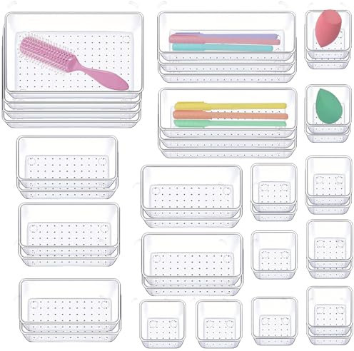 Lucfulyear Organizzatore per cassetti da 36 pezzi con 4 misure, organizzatore per trucco, organizzatore per make-up, plastica trasparente, organizzatore per cassetti per scrivania, ufficio, cucina