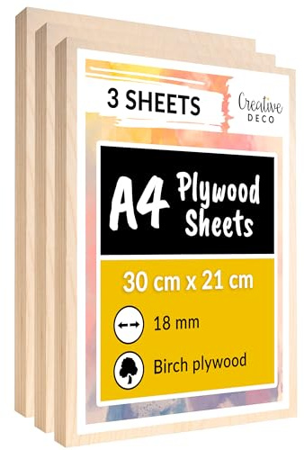 Creative Deco 3 x A4 Contreplaqué 18mm | 300 x 210 x 18mm (+/- 2mm) | Planche Bois Brut Bouleau | Panneau Feuille Découpe Laser | Bois pour Pyrogravure, Gravure, Cricut, Maquette
