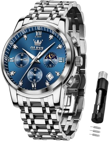OLEVS Herrenuhren Blau Edelstahlarmband Quarz Uhr Männer mit Diamant Datum Wasserdicht Leuchtende Klassische Elegantes Armbanduhr Geschenk