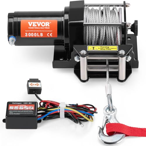 VEVOR Seilwinde 12V, 3000 lbs/1361 kg, Elektrowinde 12 V DC für ATV/UTV, Motorwinde mit Φ 0,5 x 1188,7 cm Stahlkabel, Rollenseilführung, Kabelfernbedienung, IP55, Ideal für UTV ATV Offroad-Bergung