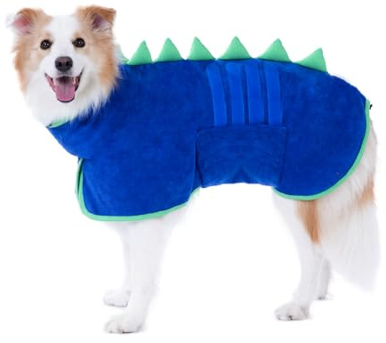 HezzLuv Accappatoio per cani super assorbente, in microfibra, per un'asciugatura rapida, vestibilità comoda, cinghia regolabile per la pancia, design unico con dinosauro, cappotto per asciugare il