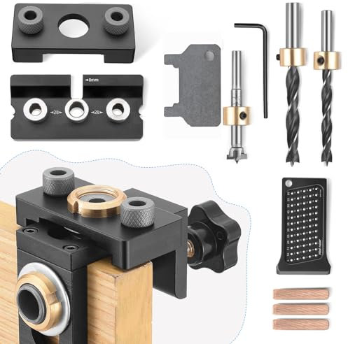 Helangel 8/10/15 mm Gabarit de perçage, kit de guide de perçage en bois 3 en 1 avec clip de positionnement, localisateur de guide de perçage réglable et échelle