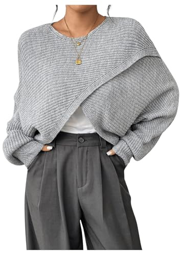 Verdusa Women's Lightweight Asymmetrical Wrap Fall Sweater Tops Old Money Puff Sleeve Cropped Sweaters Coat Light Grey Large