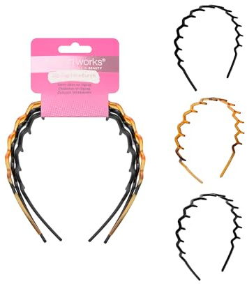 Brushworks Zig-Zag Headband 3-Pack – Retro-Modern Hair Accessory (Shiny Black, Matte Black, Tortoise) – Durable, Comfortable Grip