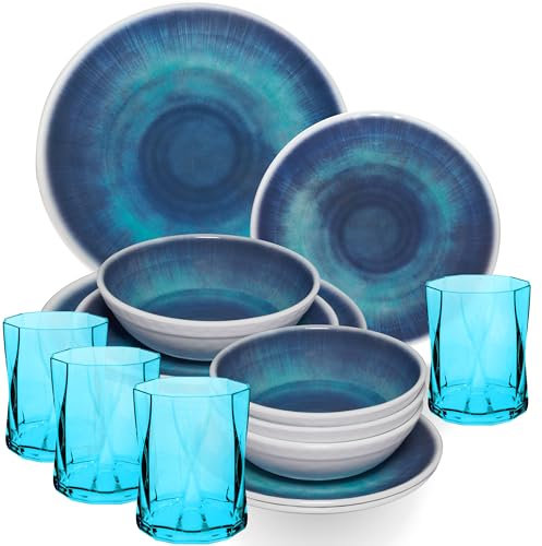 Melamin Geschirr Set Jesolo Blau für 4 Personen - 16 Teile - mit farblich passenden Trinkgläsern 300ml aus Acryl Campinggeschirr Geschirrset Tafelgeschirr Camping modernes Melamingeschirr bunt