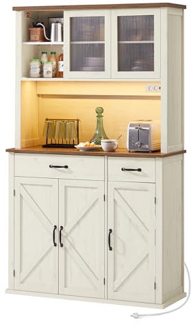 VASAGLE Sideboard mit Beleuchtung und Ladestation, Küchenschrank, Aufbewahrungsschrank, mit Türen und Schubladen, 39,5 x 106,5 x 180,6 cm, verstellbare Ablagen, Landhausstil, vintageweiß BBK391W02