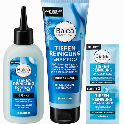 Tiefenreinigung Bundle (3-teilig) - Shampoo Tiefenreinigung (250 ml) + Kopfhautpflege Peeling Tiefenreinigung (150 ml) + Tiefenreinigung, Spitzenpflege & Ansatzreiniger (2x8 ml) + PurLife Sticker