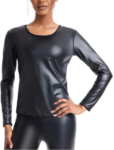 Ausing Top en Cuir Verni Manches Longues Femme Haut Moulant Col Rond T-Shirt Basique Slim Fit Shirt Sexy Costume Carnaval Halloween Noir 2XL