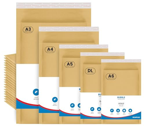 UK SUPPLIES LIMITED DL A6 A5 A4 A3 Mix Assorted Sizes (Pick Any Pack Size) Padded Gold Bubble Envelopes Peel & Seal Bags Bubble Mailer Postal Wrap Envelope Parcel Mailers for Mailing Goods, 100 Pack