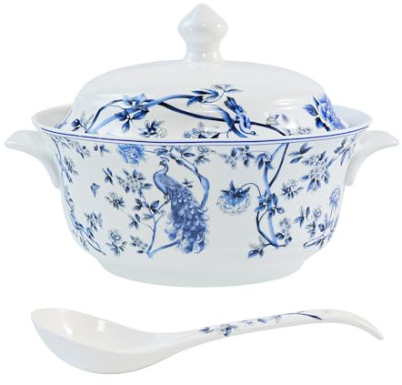FROOWAN Zuppiera in ceramica con coperchio e cucchiaio, ciotole in porcellana con manici per cucina, feste di intrattenimento, motivo floreale blu e animali, 2,5 l, adatta al microonde e alla