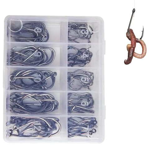Fishing Hook Assortment - Steel Bait Holder, Multi Size Durable Kit, Anti-Rust Angling Set | River Lake Equipment for Catching Carp Pike Bass Salmon Herring Walleye Musky