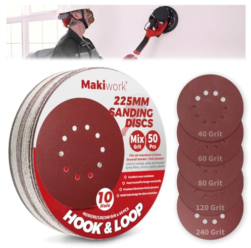 Makiwork 50PCS 9-Inch 10-Hole Hook & Loop Sanding Discs (40/60/80/120/240 Grit – 10 Each) – Multi-Grit Aluminum Oxide Sandpaper Set for Drywall Sander, Paint Removal, Wood & Metal Surface Prep