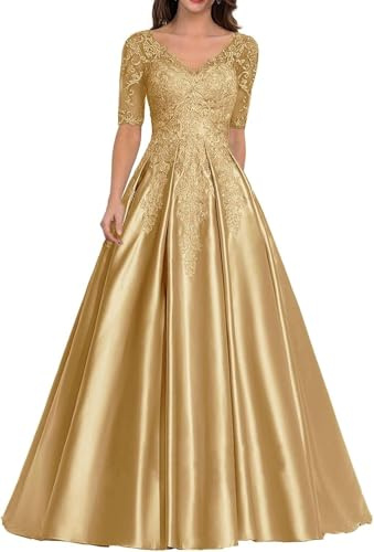 KURFACE Abito da donna in raso per madre della sposa con maniche in pizzo applique scollo a V abito da sera formale, Oro, 52 Più