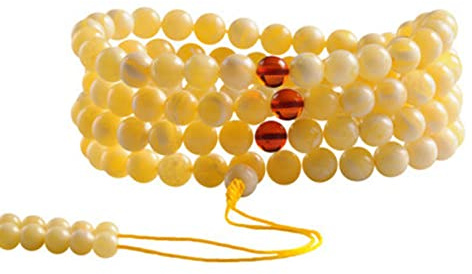 Buddhist Bön Pärlor Armband, 10 Mm Gul Vit Bärnsten Pärlhalsband